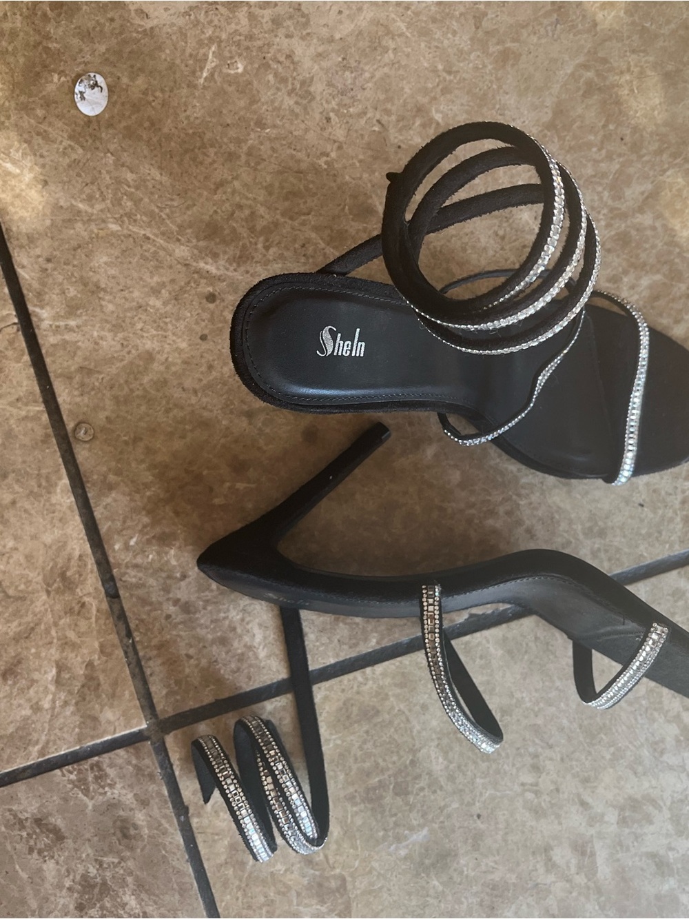NWOT Strappy wrap around Black velvet Rhinestone Evening Heels - Picture 3 of 7